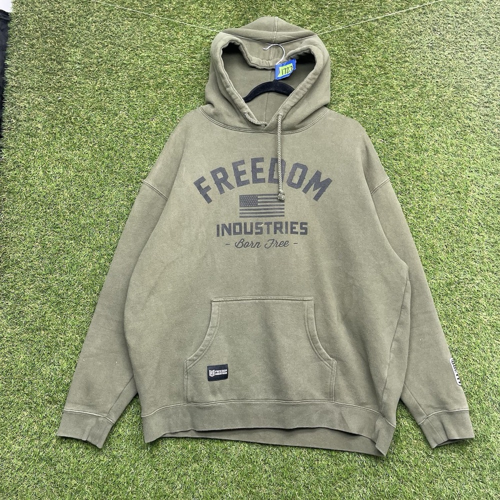Freedom Industries Hoodie Mens XL Army Green Pullover Sweatshirt Logo USA Work